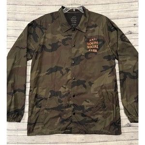 ANTI SOCIAL SOCIAL CLUB 2017 Camo Coach Jacket Sz XL Snap Button Orange Letters